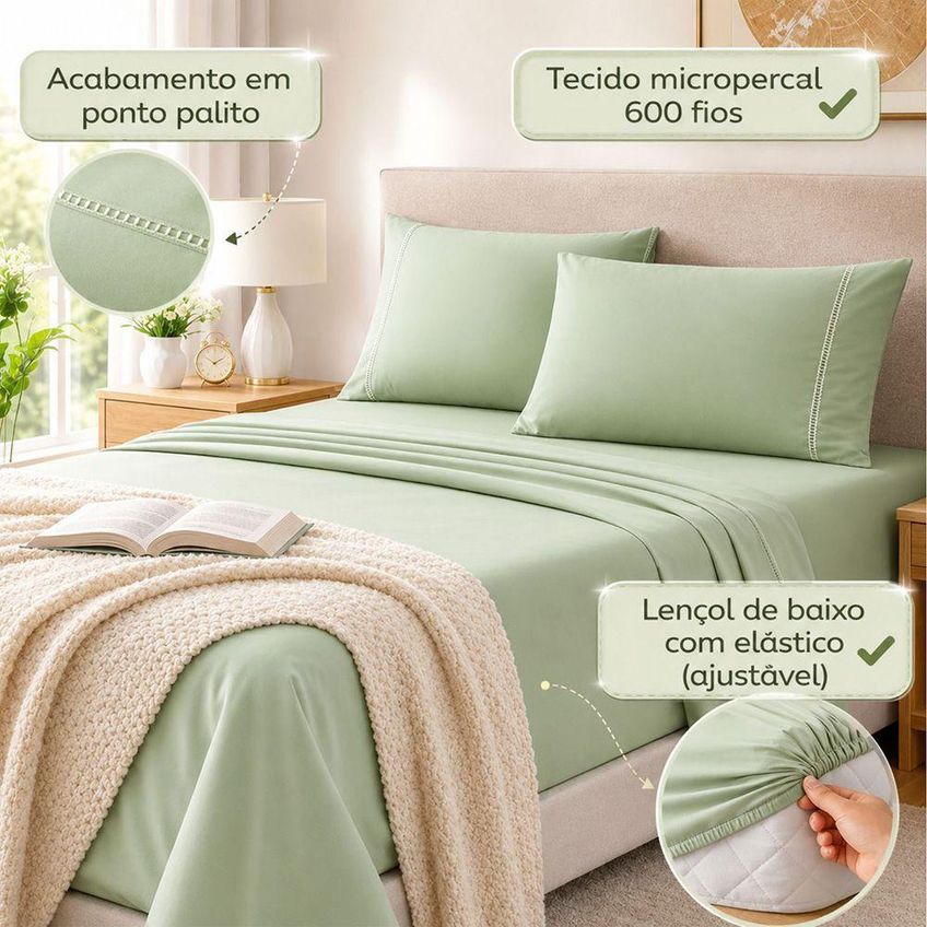 Jogo De Cama Lençol Quality King 4 Peças Micropercal 600 Fios Verde Claro Casa Show Enxovais - imagem 4