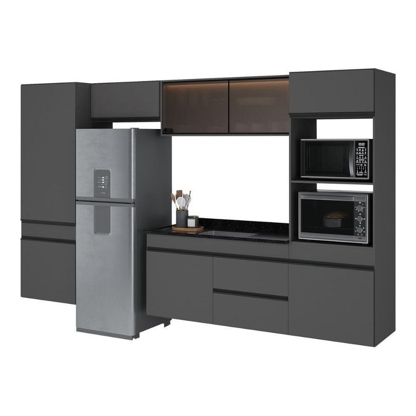 Cozinha Completa Milano 9 Portas 1 Gaveta MDP-MDF 313cm Grafite e Preto Multimóveis - imagem 3