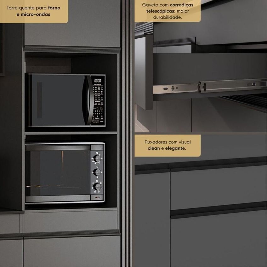 Cozinha Completa Milano 9 Portas 1 Gaveta MDP-MDF 313cm Grafite e Preto Multimóveis - imagem 4