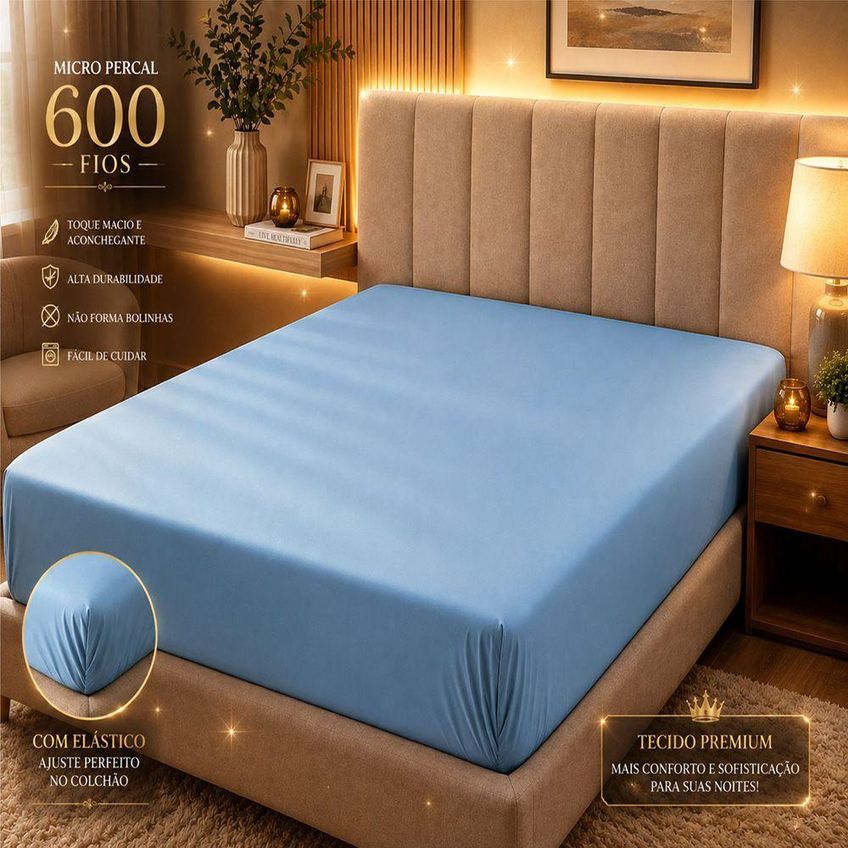 Jogo De Cama Lençol Quality King 100% Poliéster Macio Azul Claro Casa Show Enxovais - imagem 4