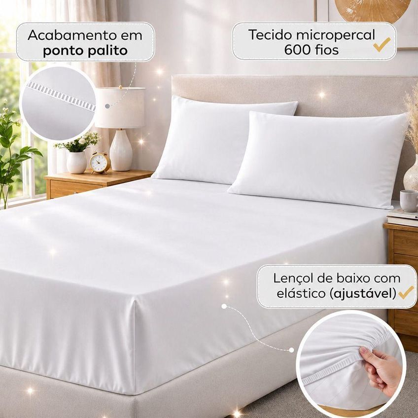 Jogo De Cama Quality Queen 3 Peças Micropercal 600 Fios Branco Casa Show Enxovais - imagem 3