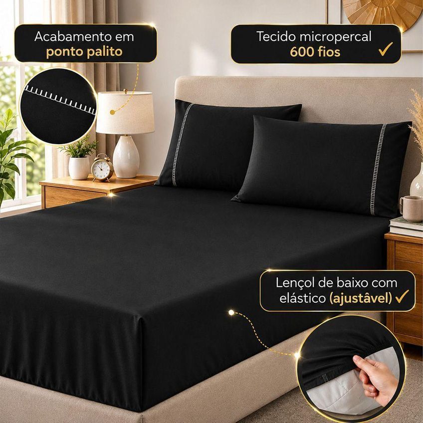 Jogo De Cama Quality Queen 3 Peças Micropercal 600 Fios Preto Casa Show Enxovais - imagem 4