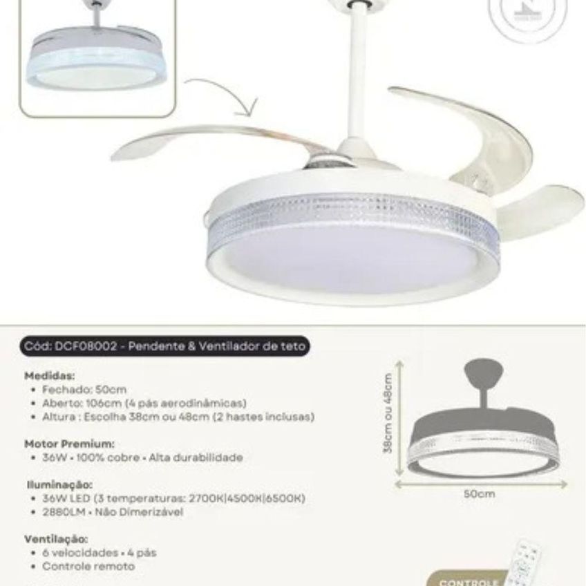 Ventilador De Teto Sindora 3 Velocidades Branco Cristal Retrátil Dimmer Bivolt - imagem 4