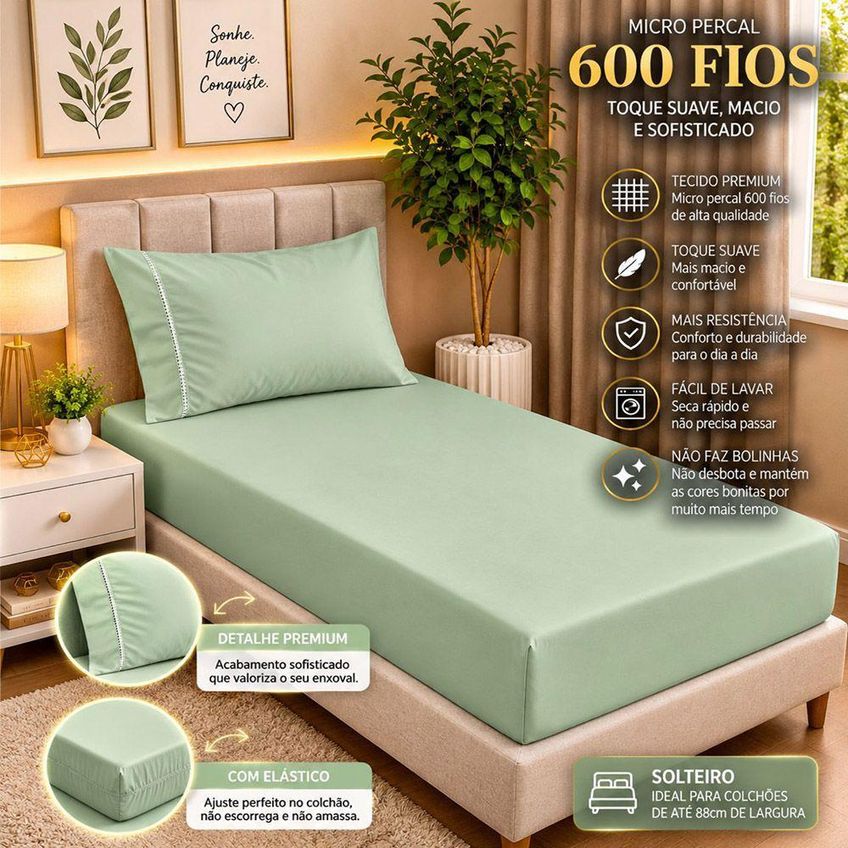 Jogo De Cama Quality Solteiro 2 Peças Micropercal 600 Fios Verde Claro Casa Show Enxovais - imagem 3