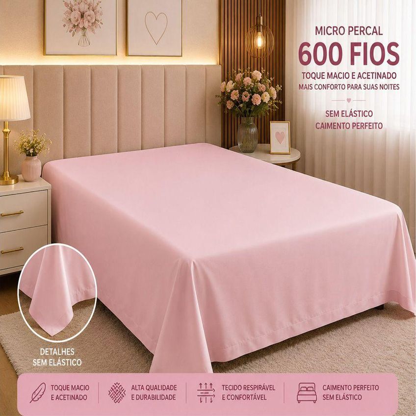 Lençol Avulso Quality Solteiro Micropercal 600 Fios Macio Sem Elástico Rosa - imagem 4