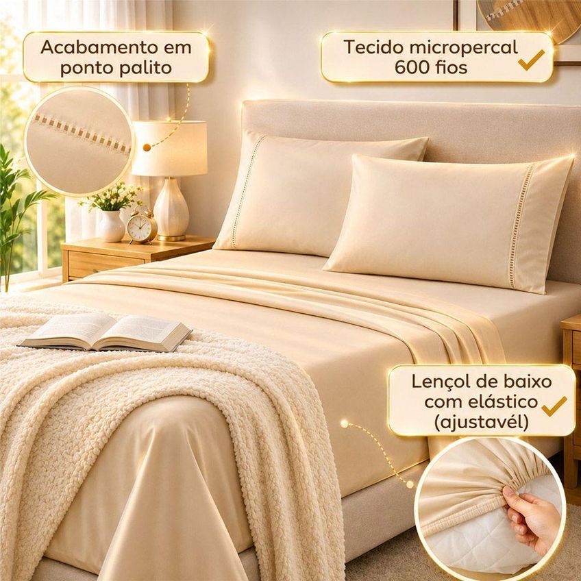 Jogo De Cama Quality Queen 4 Peças Micropercal 600 Fios Bege Casa Show Enxovais - imagem 4
