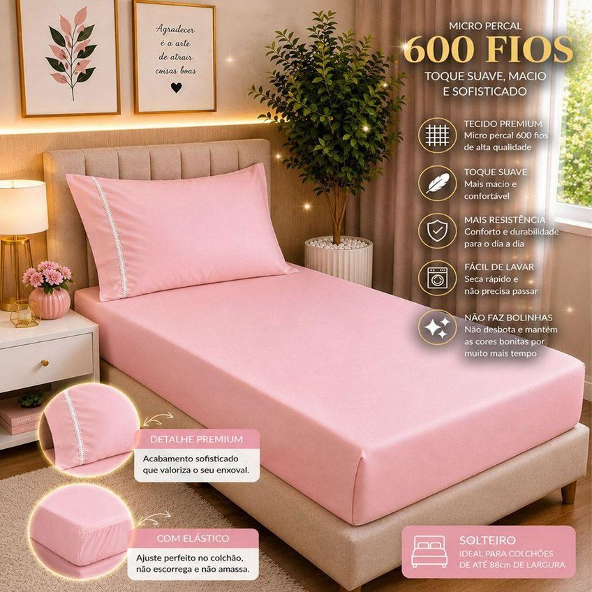 Jogo De Cama Quality Solteiro 2 Peças Micropercal 600 Fios Macio Com Elástico Rosa Casa Show - imagem 3