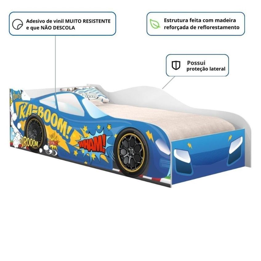 Cama Carro Kaboom Stylo Com Grade De Proteção MDF Azul Casah - imagem 4