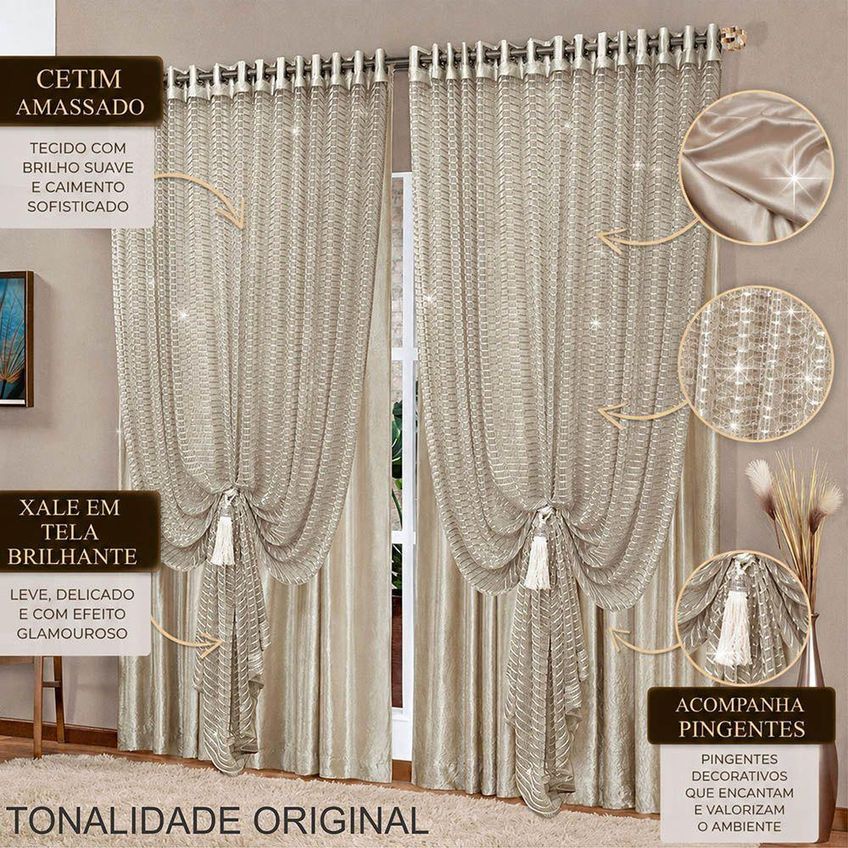 Cortina Medyna Para Varão Cetim Amassado Com Xale Tela Brilhante Bronze - imagem 3