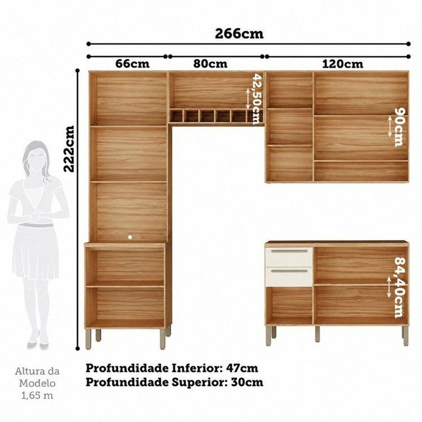 Cozinha Compacta Modulada 4 Peças 11 Portas Com Vidro E Tampo 266cm 100% MDF Itália Espresso Móve Amêndoa/Off White - imagem 3