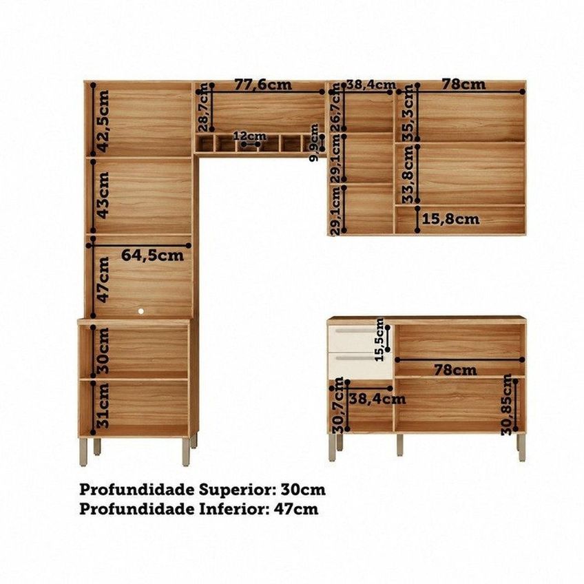 Cozinha Compacta Modulada 4 Peças 11 Portas Com Vidro E Tampo 266cm 100% MDF Itália Espresso Móve Amêndoa/Off White - imagem 4