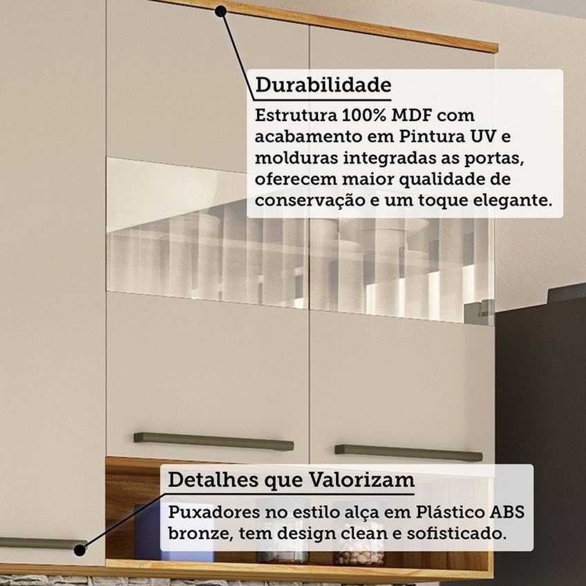 Cozinha Compacta Modulada 4 Peças 11 Portas Com Vidro E Tampo 266cm 100% MDF Itália Espresso Móve Amêndoa/Off White - imagem 5