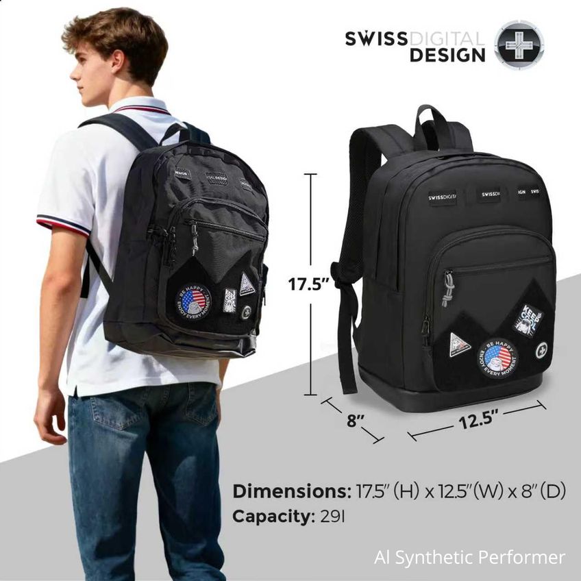 Mochila Swissdigital SD1718-01 29L Preta Com Patches - imagem 3