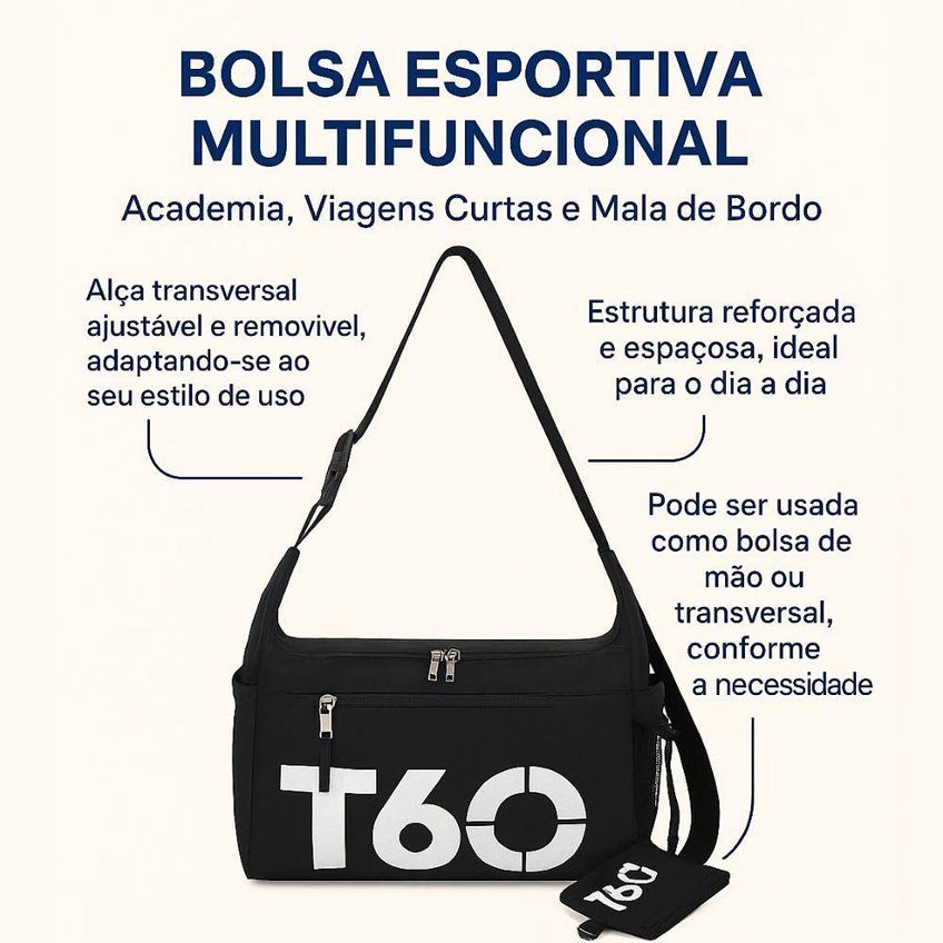 Bolsa Esportiva Transversal Com Nécessaire Nylon Preto Unissex Para Academia E Viagem - imagem 2