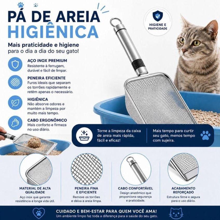 Pá Coletora Para Areia De Gatos Em Aço Inoxidável Com Peneira 1 - imagem 3