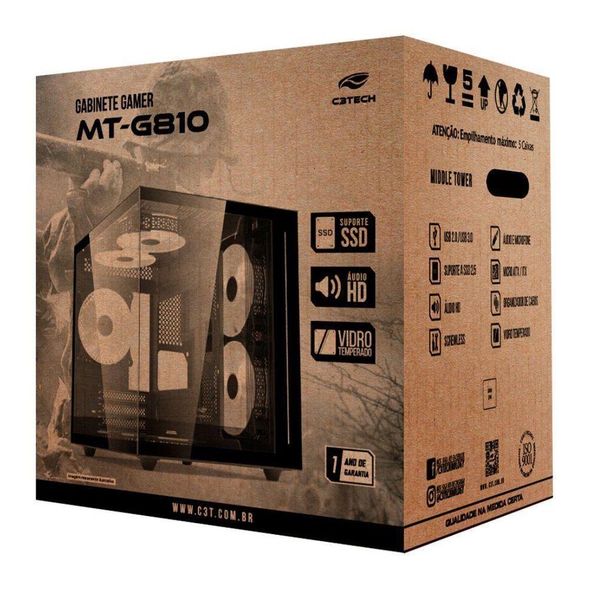 Gabinete Gamer Aquarius MT-G810WHV2 Mid Tower Micro ATX Vidro Temperado Preto C3Tech - imagem 3