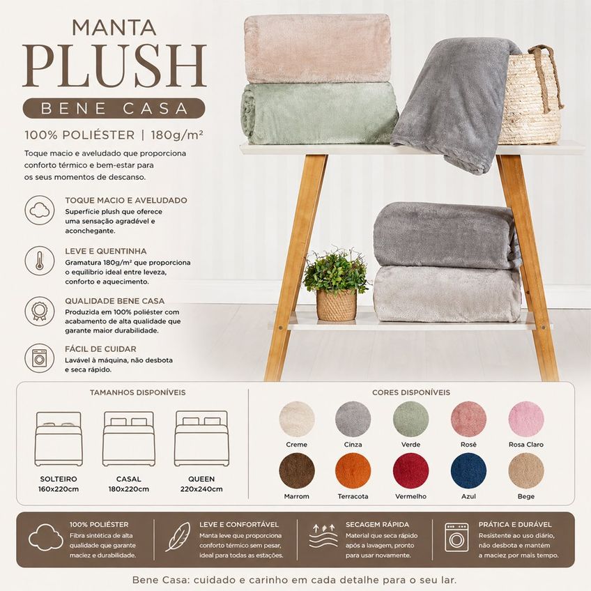 Manta Queen Plush 100% Poliéster 180g/m² 220x240cm Bene Casa Creme - imagem 2