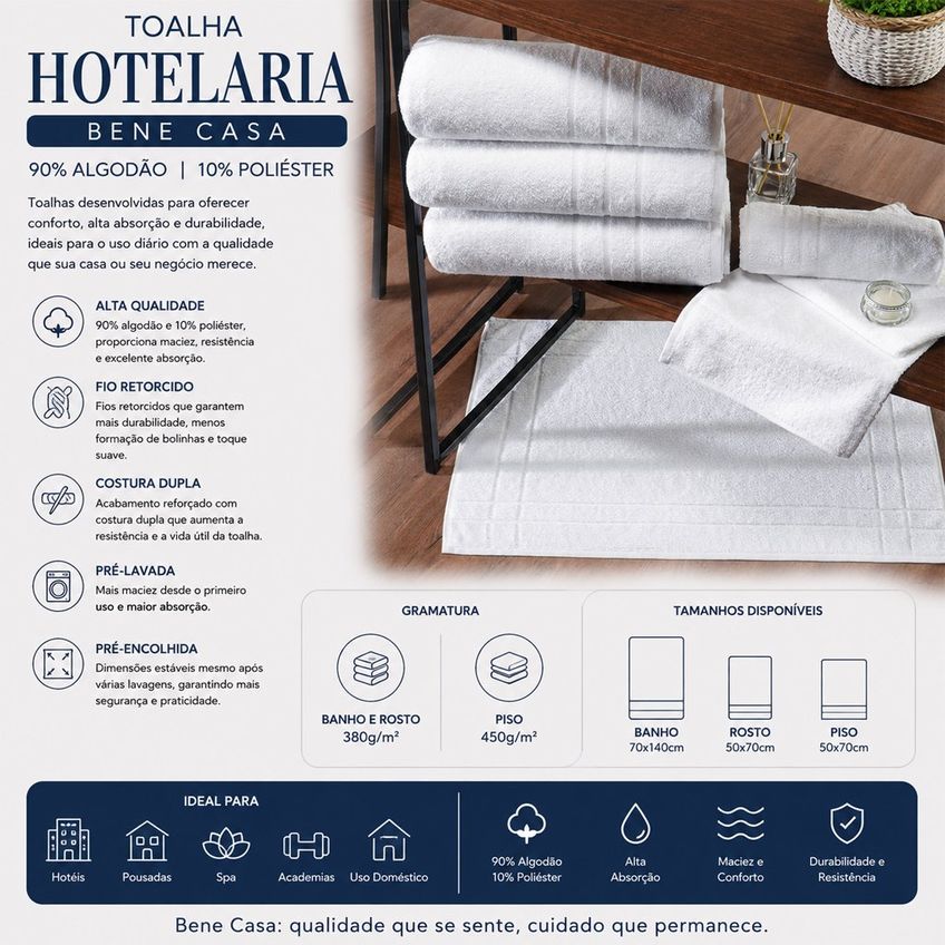 Toalha De Piso Hotelaria 90% Algodão 10% Poliéster 450g/m² 50x70cm Bene Casa Branco - imagem 2