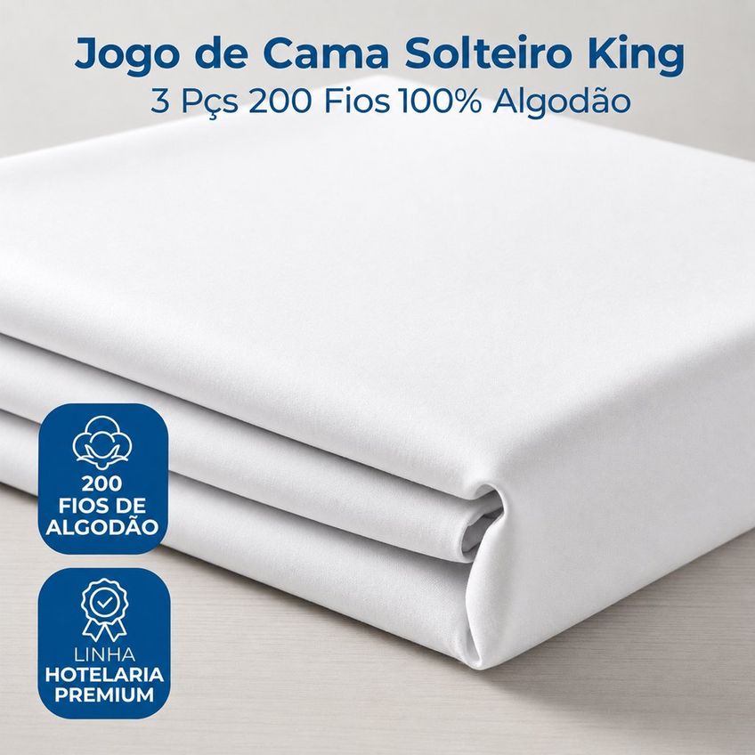 Jogo De Cama Solteiro King 3 Pçs 200 Fios 100% Algodão Home&Cia Branco - imagem 4