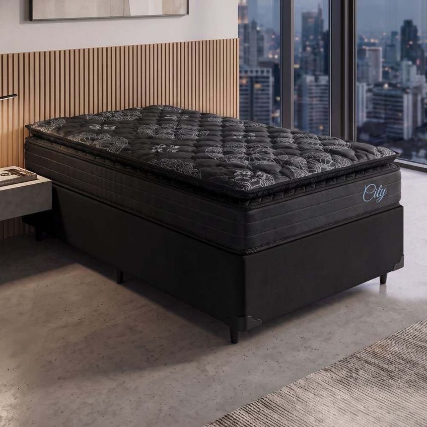 Cama Box Solteiro Colchão Com Molas Ensacadas City Pillow Top 88x188x61cm Preto Hellen - imagem 2