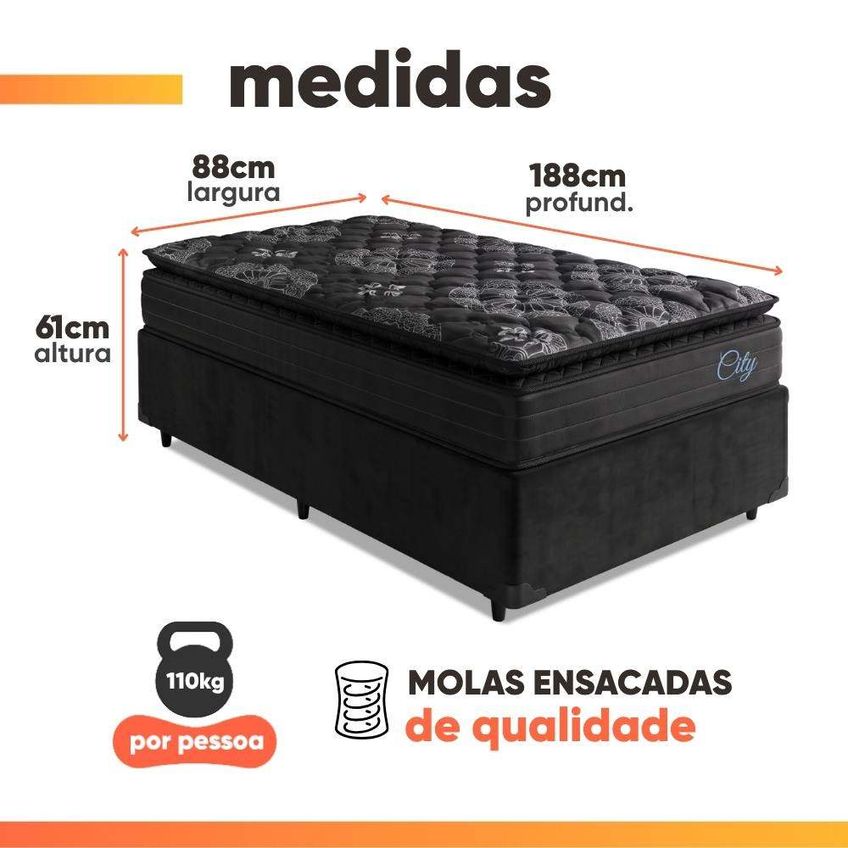 Cama Box Solteiro Colchão Com Molas Ensacadas City Pillow Top 88x188x61cm Preto Hellen - imagem 3