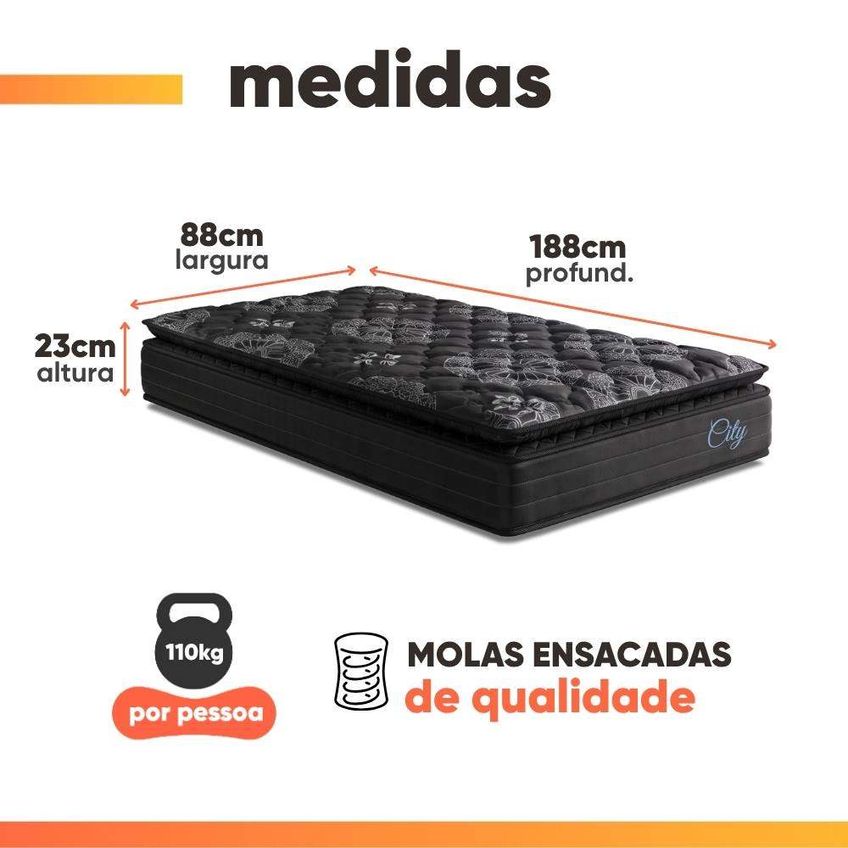 Cama Box Solteiro Colchão Com Molas Ensacadas City Pillow Top 88x188x61cm Preto Hellen - imagem 4