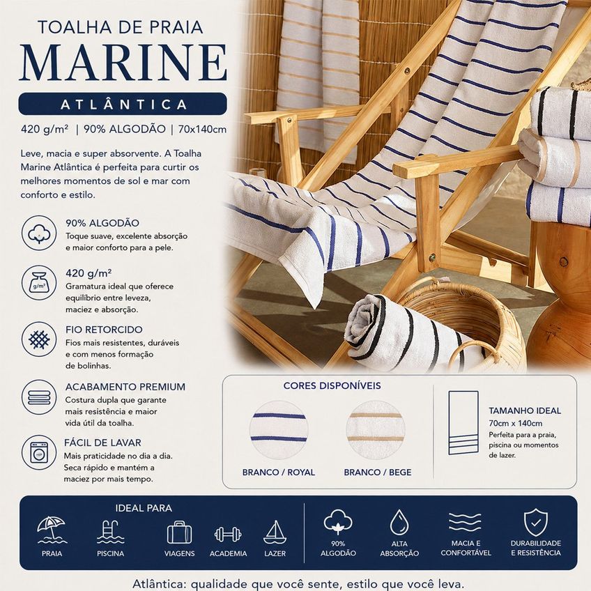 Toalha De Praia Marine 420 G/m² 90% Algodão 70x140cm Atlântica Branco/bege - imagem 2