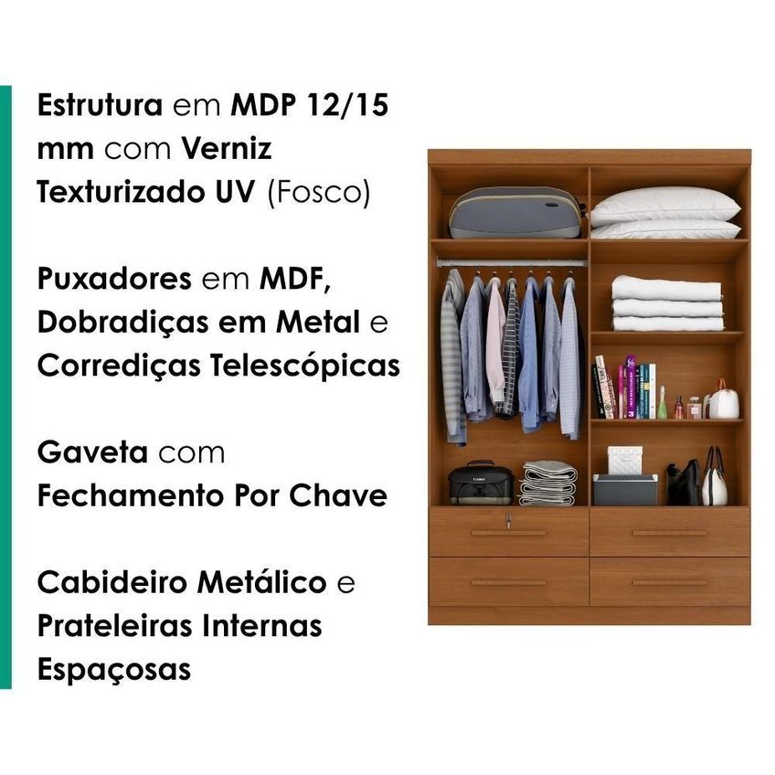 Guarda Roupa Solteiro Mari 4 Portas 4 Gavetas Mdp Cinamomo Milani Movelaria - imagem 2