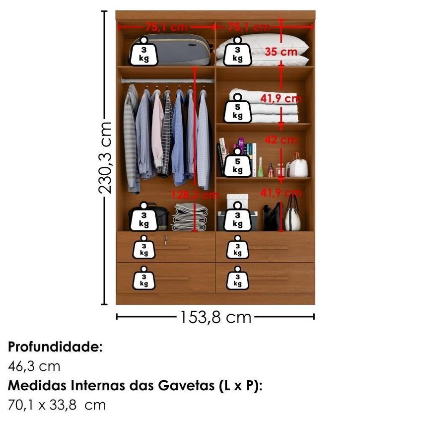 Guarda Roupa Solteiro Mari 4 Portas 4 Gavetas Mdp Cinamomo Milani Movelaria - imagem 3