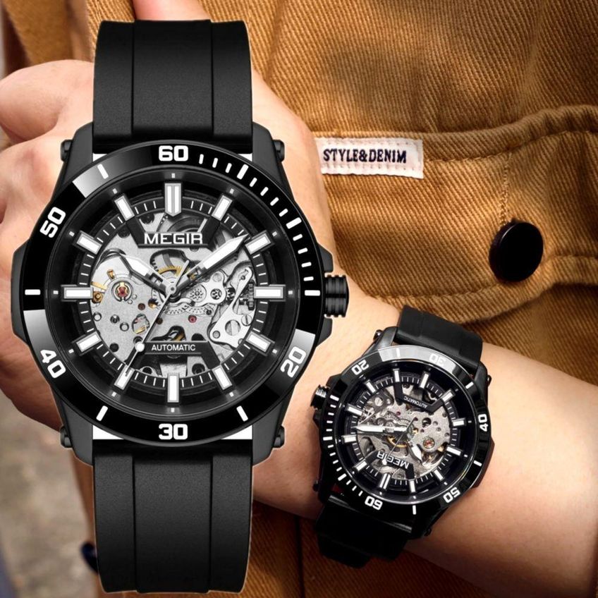 Relógio De Pulso Masculino Automático Mecânico Em Silicone Preto Megir - imagem 2