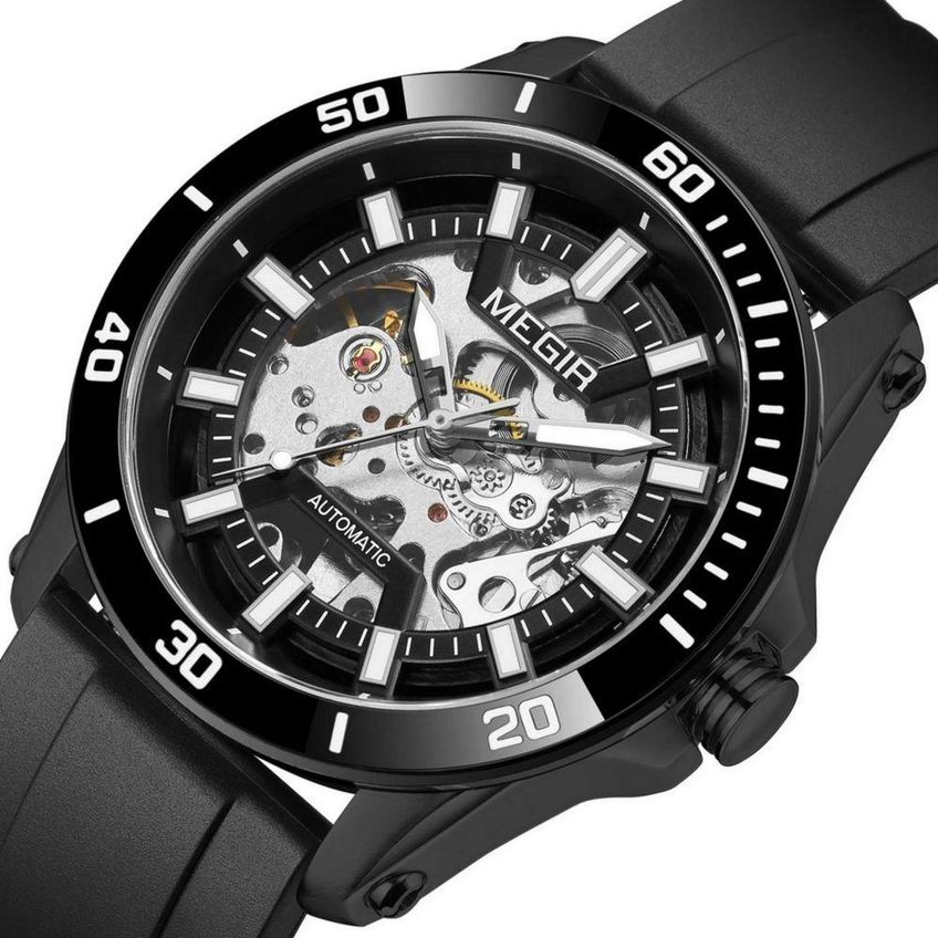 Relógio De Pulso Masculino Automático Mecânico Em Silicone Preto Megir - imagem 3