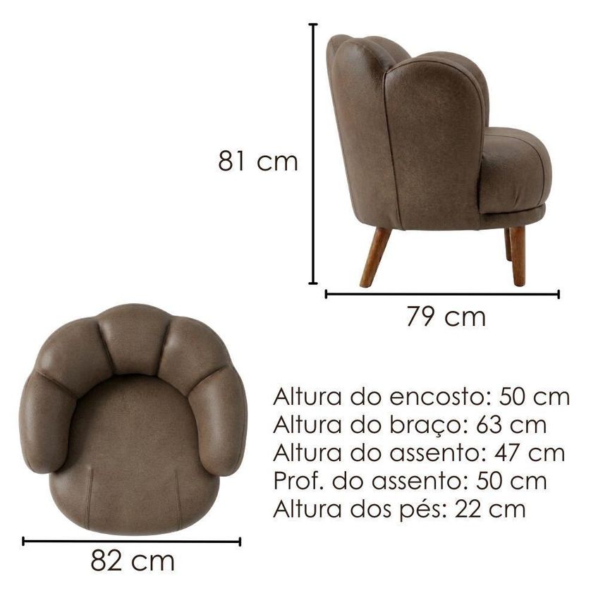 Poltrona Decorativa Flora Com Pés Torneados Em Madeira Courino Marrom Com Espuma D26 - imagem 3