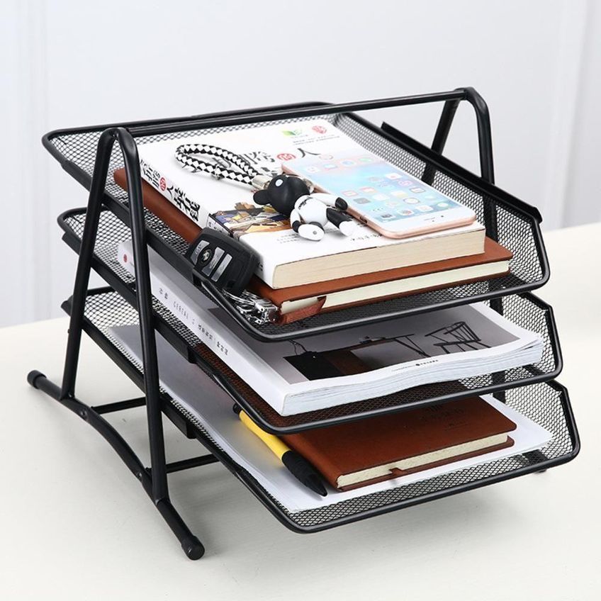 Organizador De Mesa Com 3 Bandejas Deslizantes Em Metal Aramado Para Documentos - imagem 3
