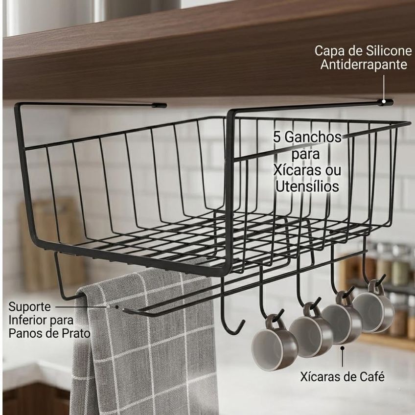 Suporte Organizador Suspenso Multiuso Com 5 Ganchos Preto Metal - imagem 5