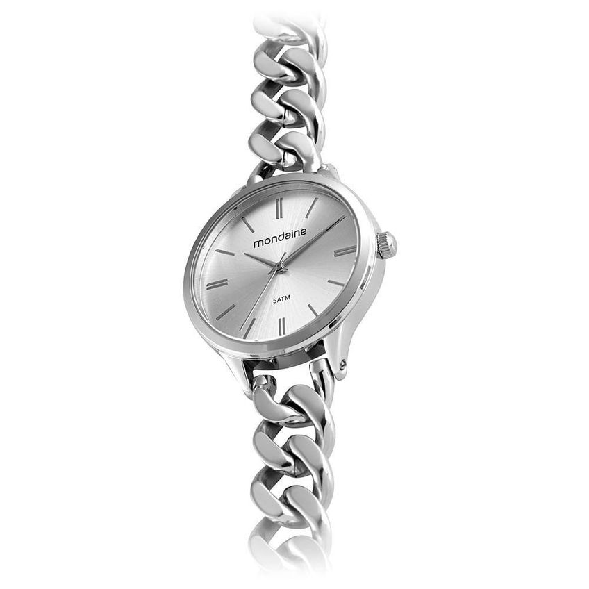 Relógio Feminino Corrente Prata Clássico Aço Inox Fecho De Pressão Mondaine - imagem 3
