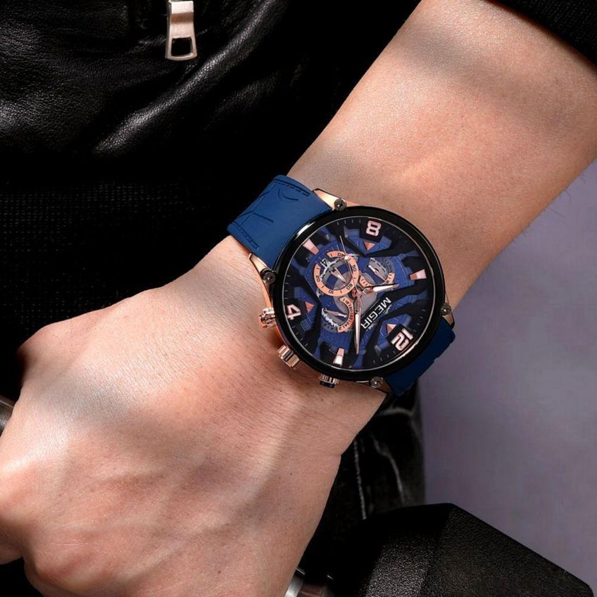 Relógio Esportivo Para Homens Mostrador Grande Com Pulseira De Silicone Azul Megir - imagem 3