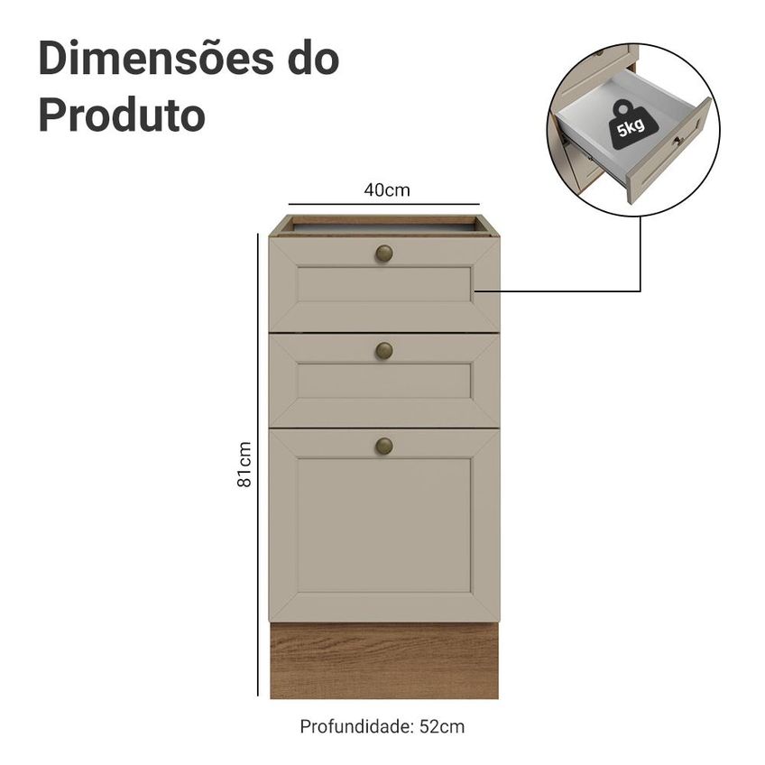 Balcão De Cozinha 40 Cm 3 Gavetas (sem Tampo) Rustic/crema Vik Madesa - imagem 2