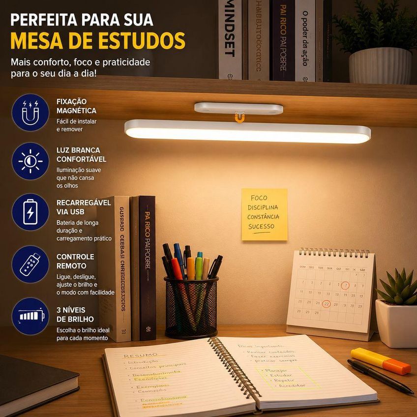 Luminária De Leitura Magnética Barra Led Recarregável Usb Sem Fio 3 Tons De Luz Para Cabeceira - imagem 4