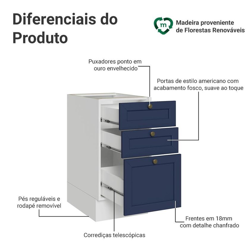 Balcão De Cozinha 40 Cm 3 Gavetas (sem Tampo) Branco/Azul Vik Madesa - imagem 3