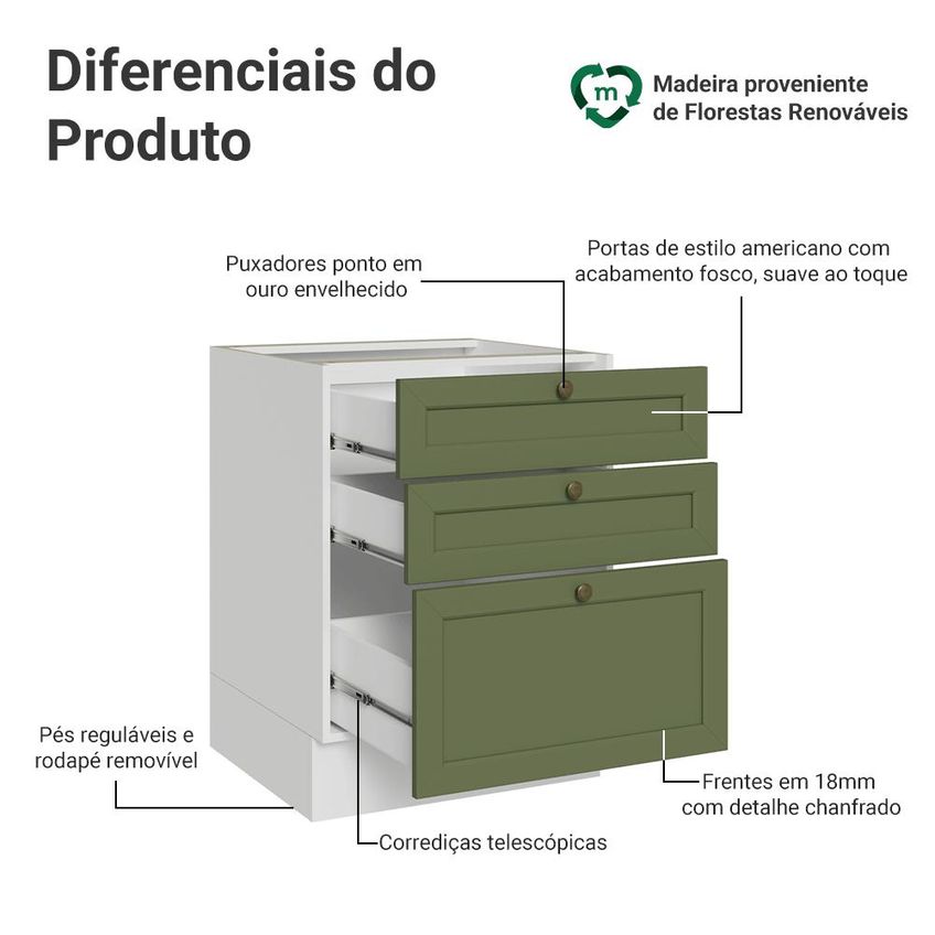 Balcão De Cozinha 60 Cm 3 Gavetas (sem Tampo) Branco/verde Vik Madesa - imagem 3