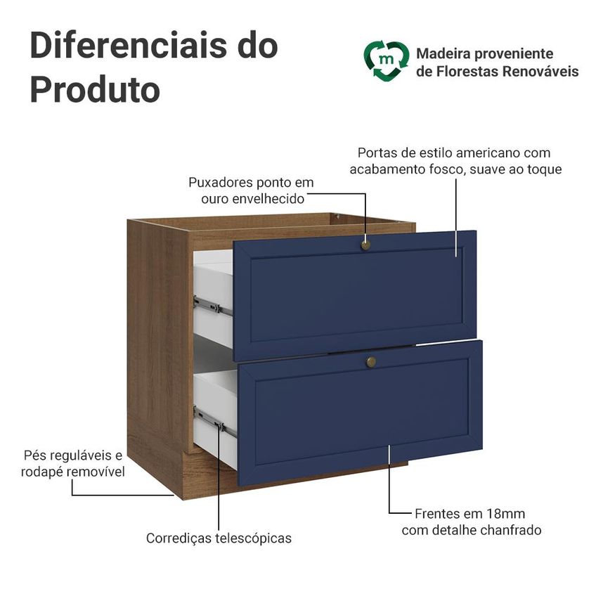 Balcão De Cozinha 80 Cm 2 Gavetas (sem Tampo) Rustic/Azul Vik Madesa - imagem 3