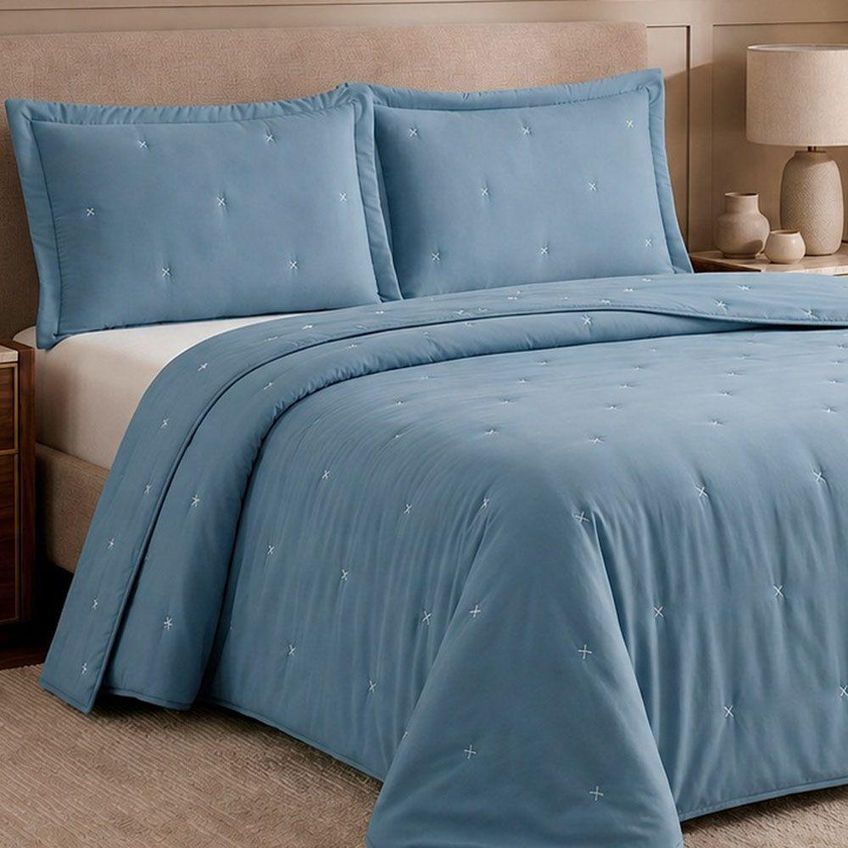 Kit Cobre Leito Colcha Fenix Casal 3 Peças Percal 300 Fios Azul Clara Luz Decora - imagem 3
