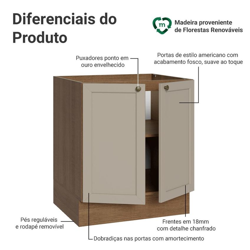 Balcão De Cozinha 70 Cm 2 Portas (sem Tampo) Rustic/crema Vik Madesa - imagem 3
