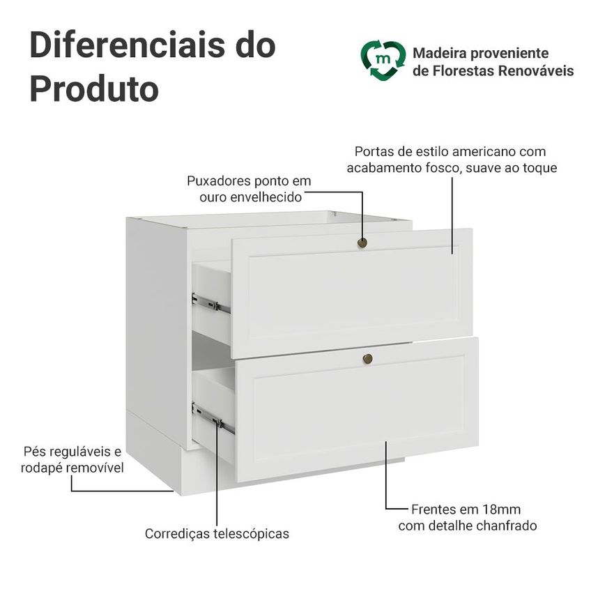 Balcão De Cozinha 80 Cm 2 Gavetas (sem Tampo) Branco Vik Madesa - imagem 3