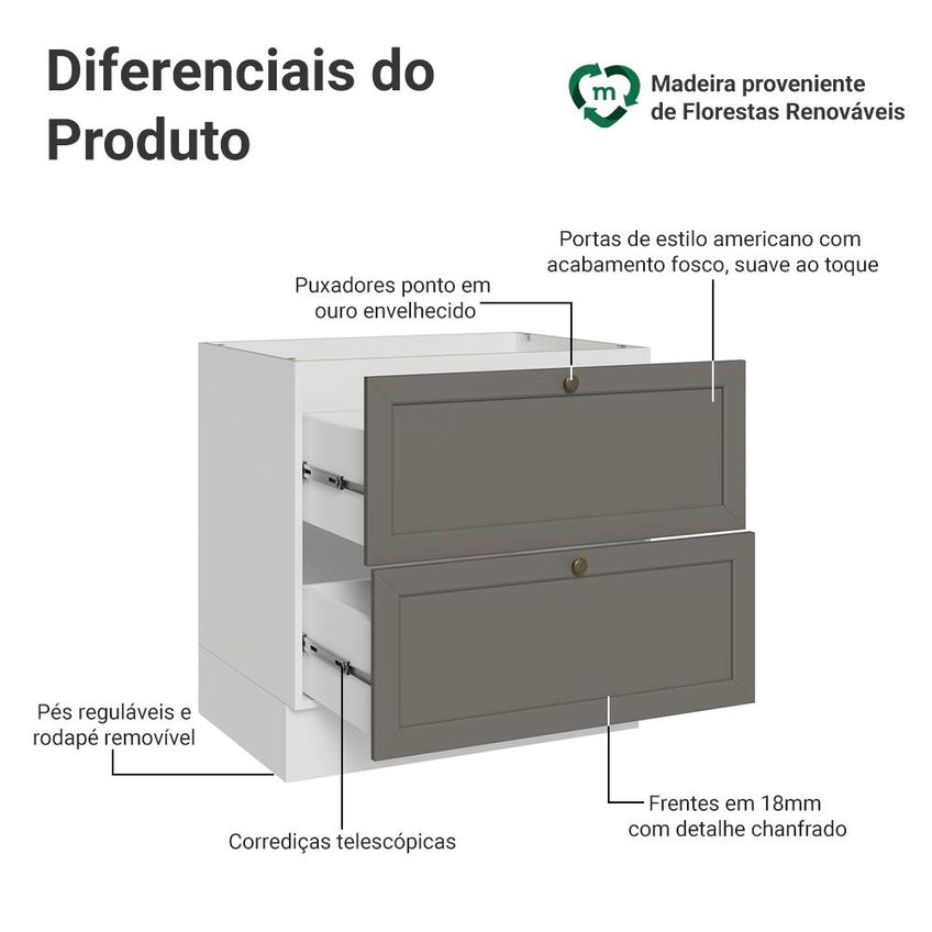 Balcão De Cozinha 80 Cm 2 Gavetas (sem Tampo) Branco/Cinza Vik Madesa - imagem 3