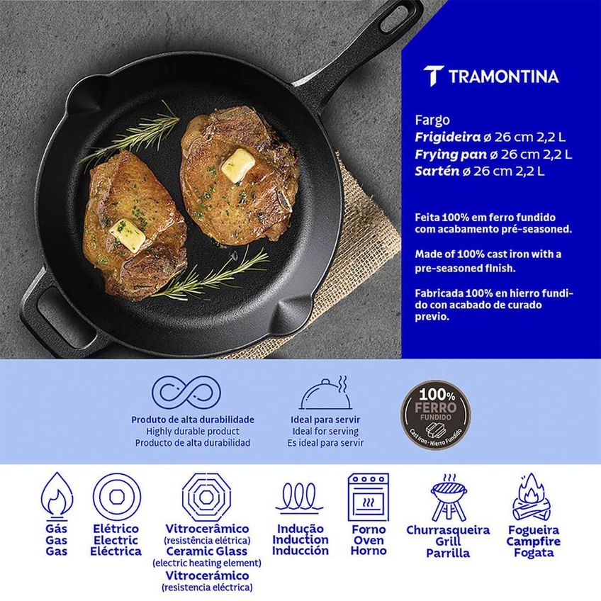Frigideira Fargo Tramontina Em Ferro Fundido Com Acabamento Pre-seasoned 26 Cm 2,2 L 28761026 - imagem 4