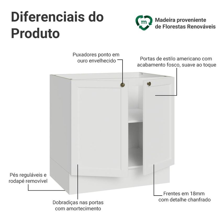 Balcão De Cozinha 80 Cm 2 Portas (sem Tampo) Branco Vik Madesa - imagem 3
