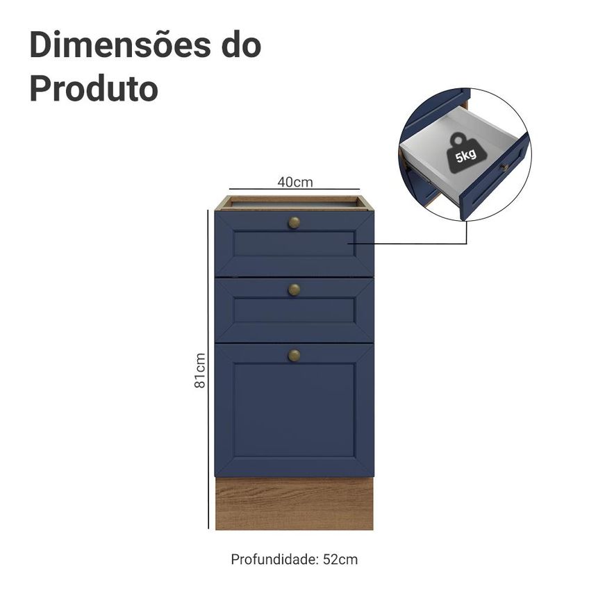 Balcão de Cozinha 40 cm 3 Gavetas (sem Tampo) Rustic/Azul Vik Madesa - imagem 2