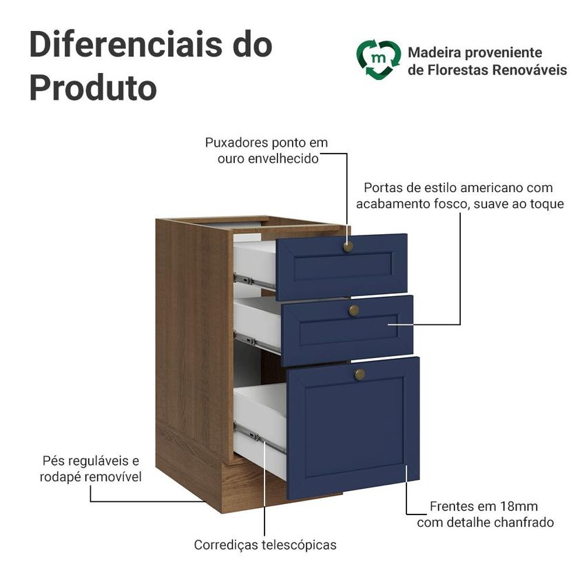 Balcão de Cozinha 40 cm 3 Gavetas (sem Tampo) Rustic/Azul Vik Madesa - imagem 3