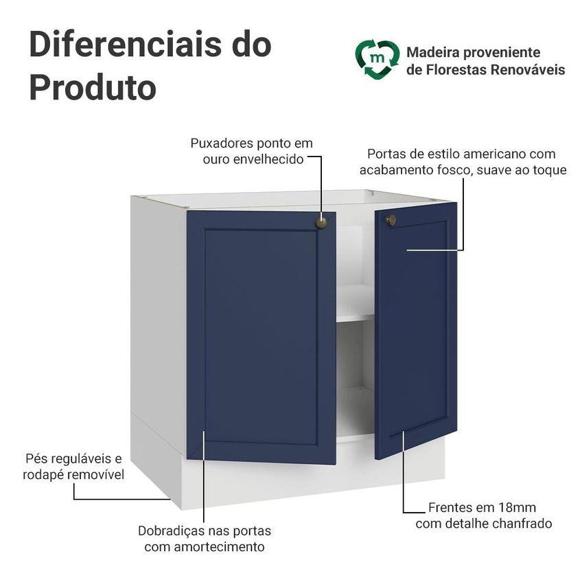 Balcão De Cozinha 80 Cm 2 Portas (sem Tampo) Branco/Azul Vik Madesa - imagem 3